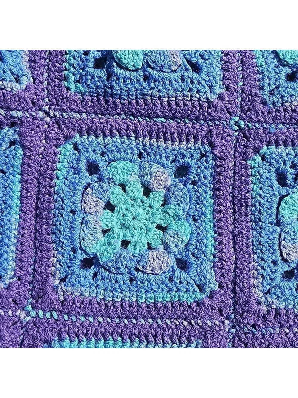 Hand Crafted Purple Blue Aqua Crochet Blanket Granny Square Throw